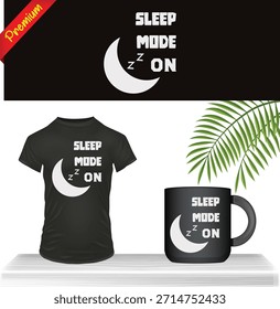 Impresión gráfica de texto divertido "Sleep Mode On" en camiseta, taza y Anuncio negros. Maqueta de descanso y Mercancía acogedora con la luna y los símbolos ZZZ aislados sobre fondo transparente.
