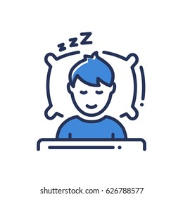 Sleep - modern vector single line icon. An image of a person having a dreamful slumber in bed on a pillow with some sleeping sound. Representation of rest, relaxation, restoration of energy