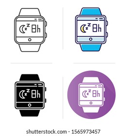 Sleep monitoring smartwatch function icon. Movement during sleep tracking, analyzing slumber habits. Flat design, linear and color styles. Fitness wristband capability. Isolated vector illustrations