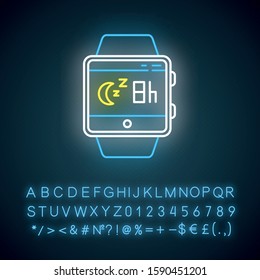 Sleep monitoring smartwatch function neon light icon. Movement during sleep tracking, analyzing slumber habits. Glowing sign with alphabet, numbers and symbols. Vector isolated illustration
