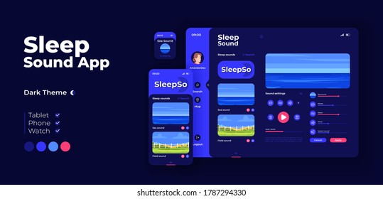 Sleep music app screen vector adaptive design template. Relaxing nature sounds for bedtime rest application light mode interface with flat illustrations. Smartphone, tablet, smart watch cartoon UI