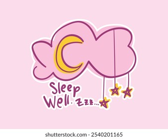 Sleep nap concept cloud, moon and stars. Vector illustration design for fashion graphics, pajama prints, stickers.