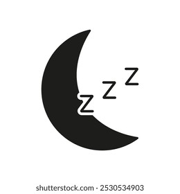 Icono de silueta de sueño y descanso nocturno. Luna creciente con símbolos de zzz, sueño y relajación pictograma de glifo. Ilustración vectorial aislada.