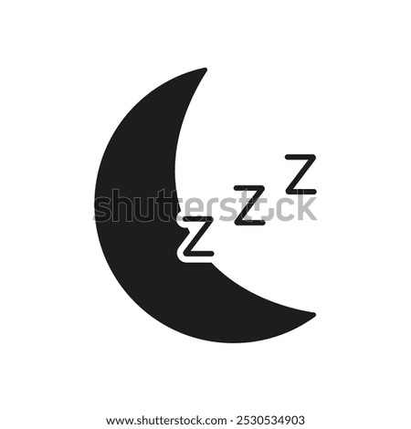 Sleep and Nighttime Rest Silhouette Icon. Crescent Moon with Zzz Symbols, Sleep and Relaxation Glyph Pictogram. Isolated Vector Illustration.