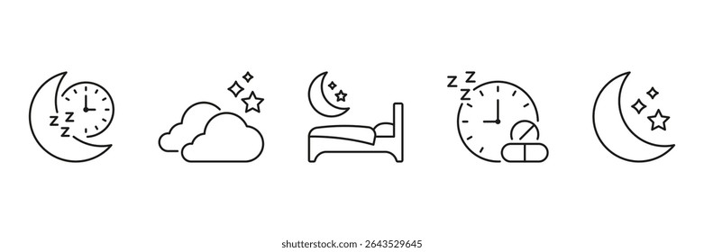 Conjunto De Ícones De Linha De Rotina De Sono E Noite. Ciclo De Sono, Sono Repousante E Coleção De Símbolos Para A Hora De Dormir. Ilustrações Da Lua, Estrelas E Relógio. Traço editável. Ilustração de vetor isolada.