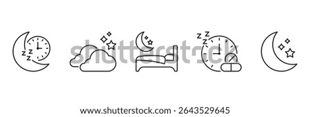 Sleep And Nighttime Routine Line Icon Set. Sleep Cycle, Restful Sleep, And Bedtime Symbols Collection. Moon, Stars, And Clock Illustrations. Editable Stroke. Isolated Vector Illustration.