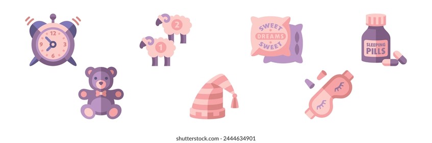 Sleep Object and Item Flat Icon Purple Vector Set