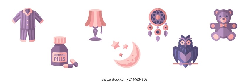 Sleep Object and Item Flat Icon Purple Vector Set