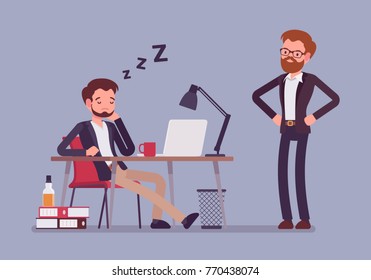 Sleep at office work. Young manager relaxing at workplace desk during working hours caught by boss, lazy employee, staff reduced productivity. Vector business concept flat style cartoon illustration