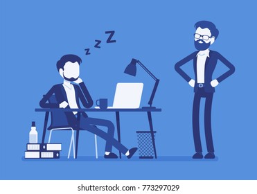 Sleep at office work. Young manager relaxing at workplace desk during working hours caught by boss, lazy employee, staff reduced productivity. Vector business concept illustration, faceless characters