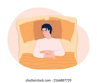 Dormir en la parte posterior en una posición relajada ilustración aislada del vector 2D. Hombre con la cara tranquila, personaje plano sobre fondo de caricatura. Ambiente acogedor. Colorida escena editable para móvil, sitio web, presentación