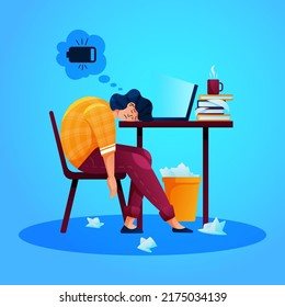Sleep on workplace. Tired man asleep at computer by stress in home or office. Exhausted employee sitting at table. Worker with low battery energy. Guy slumbering at desk. Vector overwork