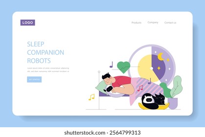 Sleep optimization illustration. A serene scene of a person embracing a robot, highlighting the comfort of advanced sleep technology. Vector illustration.