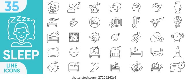 Conjunto de iconos de contorno de sueño. seguimiento del sueño, rutina nocturna, dormitorio, sueño, almohada, cama, despertador, Zzz, almohada, luna y más. conjunto de Ilustración vectorial.