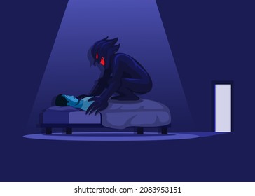 Sleep Paralysis with Demon in bed. nightmare horror scene illustration vector