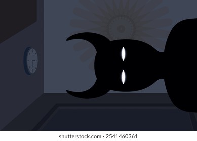 Parálisis del sueño con el demonio en la cama. Vector de la ilustración de la escena del horror de la pesadilla