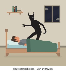 Parálisis del sueño con el demonio de pie en la habitación. Vector de la ilustración del horror de la pesadilla