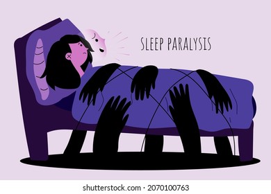 Sleep paralysis. The girl cannot move and screams due to sleep paralysis. Flat purple vector illustration