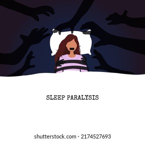 Sleep paralysis with hallucinations. Sleeping problem, parasomnia. Atonia, hypnagogia moment. Nightmares, monsters. Stress and psychological problems. Mental health concept