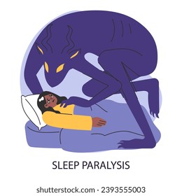 Sleep paralysis. Sleep or mental health disorder causing night's terror. Young woman with hallucinations terrified by shadowed figure. Woman lying in bed at night. Flat vector illustration.