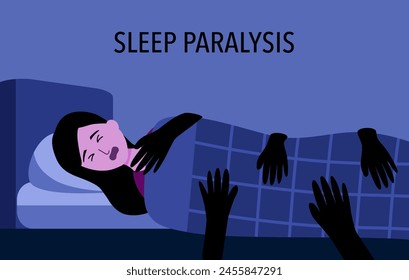 Sleep paralysis. Woman cannot move and screams due to sleep paralysis.