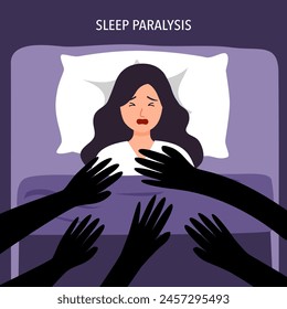 Sleep paralysis. Woman cannot move and screams due to sleep paralysis.