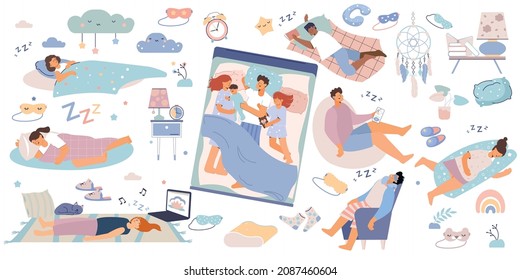 Sleep people composition with set of flat isolated icons and human characters of sleeping family members vector illustration