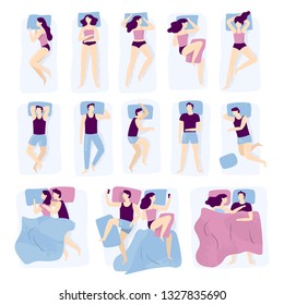 Sleep people set. Person sleeping in bed alone, asleep couple at bedroom. Lying side, sleep guy and female in pajamas or night dream position. Vector isolated icons illustration
