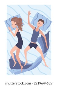 Sleep peoples on bed. Characters lying posture during night slumber. Top view asleep couple at bedroom. Female and male night dream position
