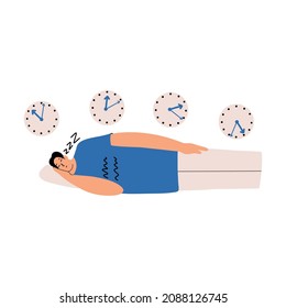 Sleep phase delay syndrome concept. The man is sleeping. Vector illustration is drawn by hand.