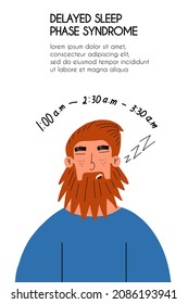 Schlafphasen-Verzögerungssyndrom. Der Mann schläft. Flugschablone. handgezeichnete Vektorgrafik