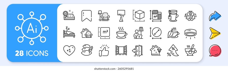 Sleep, Pillow and Floor lamp line icons. Interest rate, AI generate, Inflation icons. Pack of Furniture moving, Open door, Table lamp icon. Vector