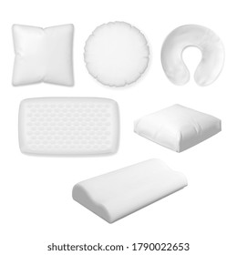 Sleep pillow. Vector textile, soft, memory foam pillow, orthopedic bedroom cushion different shape size collection. Kind of convenience for comfortable dream illustration. Accessory for sleep and rest