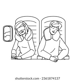 sleep in plane vector. air flight, seat travel, passenger air, man cab, neck side sleep in plane character. people black line illustration