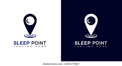 Diseño del logotipo del punto de espera. Con luna creciente, estrellas e icono de punto de anclaje. Logo del hotel. En los colores blanco, azul y azul marino. Plantilla de diseño simple, premium y de lujo