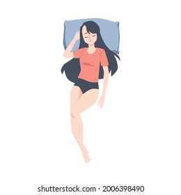 Sleep position on back. Top view on beautiful girl with long hair sleeping in relaxation posture on pillow in cozy bed. Flat cartoon vector illustration isolated on white background