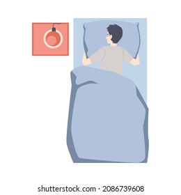 Sleep position on stomach. Backside of man who sleeping on pillow under blanket in cozy bed. Night posture for rest during night slumber. Vector flat isolated illustration.