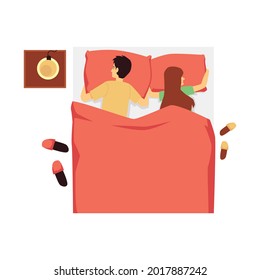 Sleep position on stomach. Top view on back rear of couple woman and man who sleeping on pillow under blanket in bed. Night pose for rest during night sleepy. Vector illustration