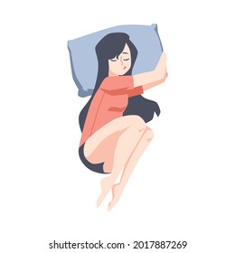 Sleep position. Young woman sleeping on her side in relaxation position top view. Female lying on pillow in cozy bed. Vector flat isolated illustration.