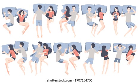 Sleep positions top view. Cute couple relaxation sleeping in different poses. Woman and man dreaming and resting on pillow in cozy bed. A set of vector flat isolated illustrations.