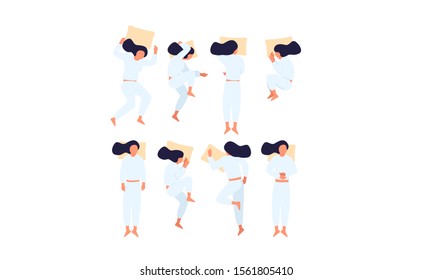 Ilustración vectorial de posiciones de suspensión. Carácter femenino plano en ocho poses diferentes para dormir: soldado, pez estrella, metal, en el estómago, a un lado. Concepto de salud.