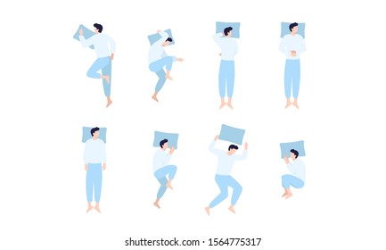 Sleep positions vector illustration. Flat male character in eight different poses for sleeping: soldier, starfish, fetal, on stomach, on side. Healthcare concept.