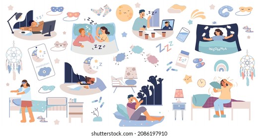 Sleep Problem Disorder Set Of Flat Isolated Icons With Doodle Pictograms Sleeping Accessories And Human Characters Vector Illustration