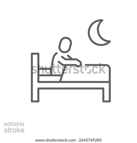 Sleep problem icon outline style. Figure sitting up in bed with moon in background showing insomnia or restless night. Thin line symbol vector illustration. Editable stroke