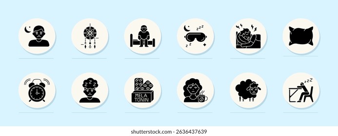 Sleep problem set icon. Tired person, dreamcatcher, sitting in bed, mask, body ache, pillow, alarm, insomnia, melatonin, caffeine, sheep, desk nap.