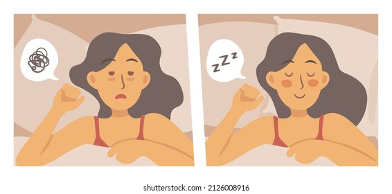 Sleep problems before an after concept with woman sleeping and having insomnia. Isolated vector illustration in trendy modern flat style in beige colors.