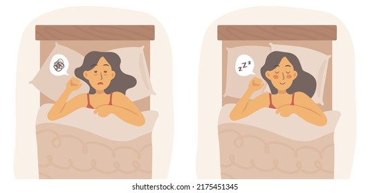 Sleep problems before an after concept with woman sleeping and being awake due to insomnia lying on the bed. Isolated vector illustration in trendy modern flat style in beige colors.