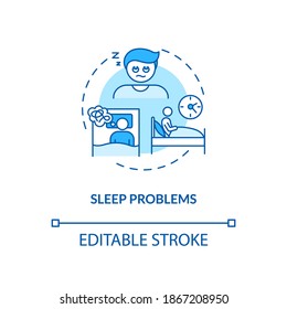 Icono de concepto de problemas de sueño. Ilustración de la línea delgada de los efectos secundarios de los antidepresivos. Tener problemas para quedarse dormido. Estrés, jet lag. Dibujo de color RGB con contorno aislado del vector. Trazo editable