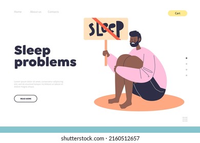 El concepto de problemas de sueño de aterrizaje con un hombre frustrado infeliz sin dormir sufre de insomnio por la noche. El hombre estresado exhausto de insomnio. Dibujo vectorial plano de dibujos animados