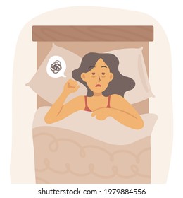 Sleep problems concept with unhappy woman due to insomnia lying on the bed. Isolated vector illustration in trendy modern flat style in beige colors.